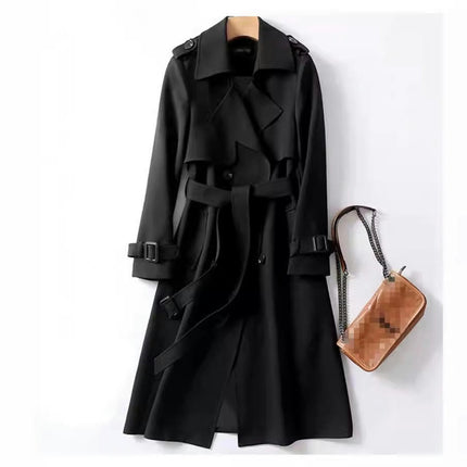 Women's Double Breasted Classic Long Trench Coat Lapel Slim Casual  Overcoat with Belt