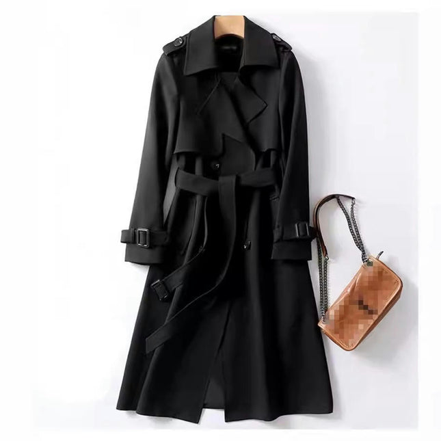 Women's Double Breasted Classic Long Trench Coat Lapel Slim Casual  Overcoat with Belt