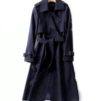 Women's Double Breasted Classic Long Trench Coat Lapel Slim Casual  Overcoat with Belt