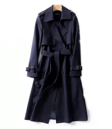 Women's Double Breasted Classic Long Trench Coat Lapel Slim Casual  Overcoat with Belt