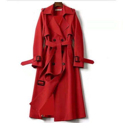 Women's Double Breasted Classic Long Trench Coat Lapel Slim Casual  Overcoat with Belt