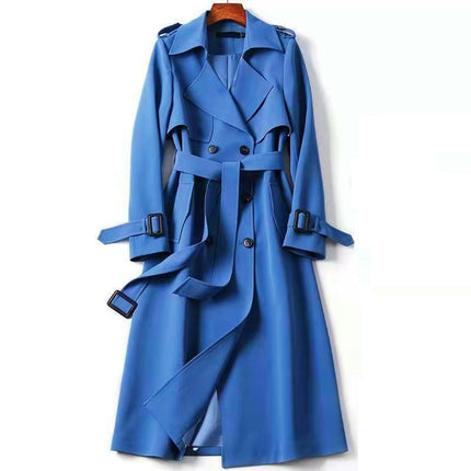 Women's Double Breasted Classic Long Trench Coat Lapel Slim Casual  Overcoat with Belt