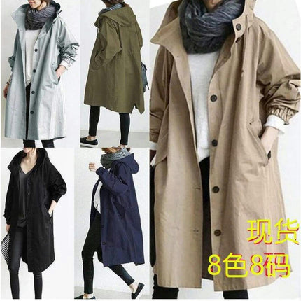 Womens Trench Coats Hooded Long Spring Autumn Windproof Casual Jackets 1