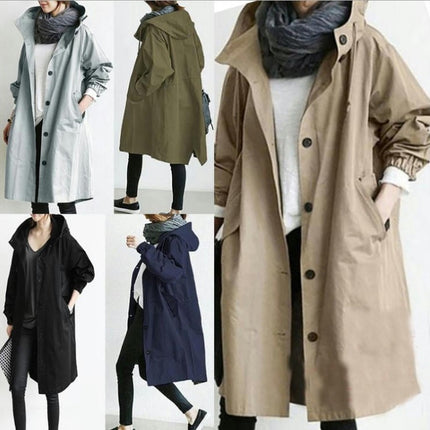 Womens Trench Coats Hooded Long Spring Autumn Windproof Casual Jackets