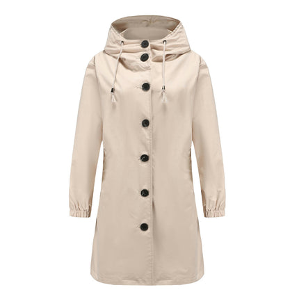 Women's Water-Repellent Hooded Windbreaker Single-Breasted Casual Loose Long Coat