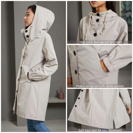 Women's Water-Repellent Hooded Windbreaker Single-Breasted Casual Loose Long Coat