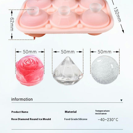 Ice Cube Trays with Covers 6 Cavity Silicone Rose Diamond Ice Ball Maker