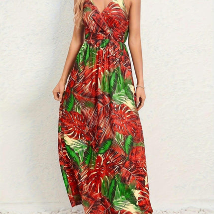 Tropical Print Wide Hem Slip Dress, Backless A-Line Long Dress, Idea for Vacation, Woman's Clothing