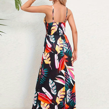 Tropical Print Wide Hem Slip Dress, Backless A-Line Long Dress, Idea for Vacation, Woman's Clothing