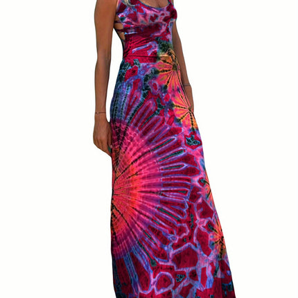 Women Summer Casual Long Dress Tie-Dye Print U-Neck Sleeveless Dress Cross Backless Dress