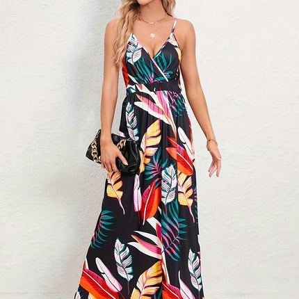 Tropical Print Wide Hem Slip Dress, Backless A-Line Long Dress, Idea for Vacation, Woman's Clothing