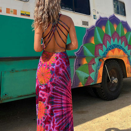 Women Summer Casual Long Dress Tie-Dye Print U-Neck Sleeveless Dress Cross Backless Dress