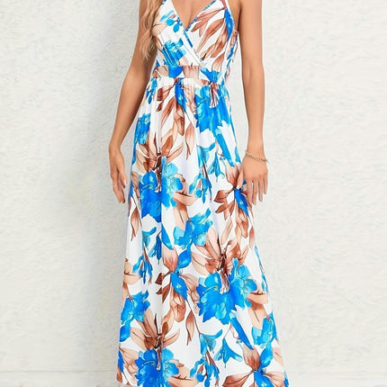 Tropical Print Wide Hem Slip Dress, Backless A-Line Long Dress, Idea for Vacation, Woman's Clothing