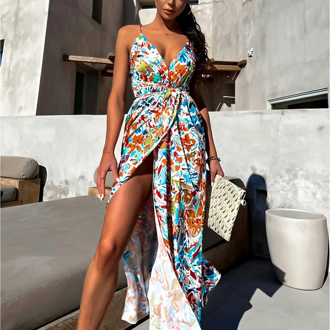 Women's Sexy Spaghetti Straps V Neck Thigh Slit Maxi Bohemian Dress Long Floral Beach Dress