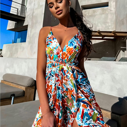 Women's Sexy Spaghetti Straps V Neck Thigh Slit Maxi Bohemian Dress Long Floral Beach Dress