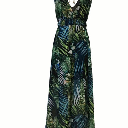 Women'S Tropical Leaf Print V-Neck Sleeveless Maxi Dress, Casual A-Line Backless Summer Beachwear