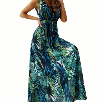 Women'S Tropical Leaf Print V-Neck Sleeveless Maxi Dress, Casual A-Line Backless Summer Beachwear