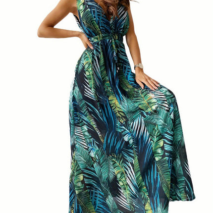 Women'S Tropical Leaf Print V-Neck Sleeveless Maxi Dress, Casual A-Line Backless Summer Beachwear