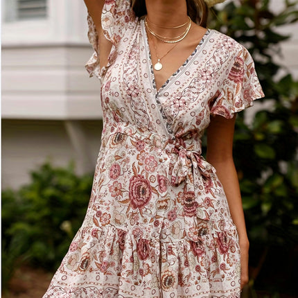 Women'S Floral Print V-Neck Summer Dress,A-Line Mini Dress with Belt, for Spring/Summer/Fall