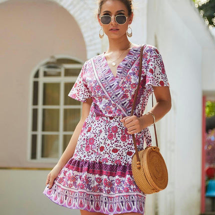 Women'S Floral Print V-Neck Summer Dress,A-Line Mini Dress with Belt, for Spring/Summer/Fall