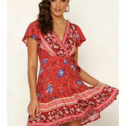 Boho Chic Floral V-Neck Dress for Women-Casual Short Sleeve Dress Perfect for Beach & Vacation