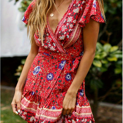 Boho Chic Floral V-Neck Dress for Women-Casual Short Sleeve Dress Perfect for Beach & Vacation