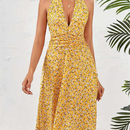 Summer Women's Dresses Sleeveless Hanging Neck Backless Deep V-neck Small Flower Printed Dresses