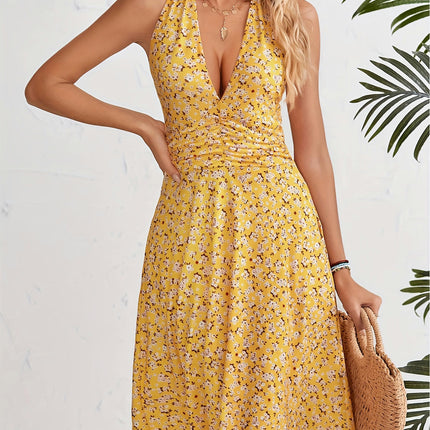 Summer Women's Dresses Sleeveless Hanging Neck Backless Deep V-neck Small Flower Printed Dresses