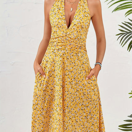 Summer Women's Dresses Sleeveless Hanging Neck Backless Deep V-neck Small Flower Printed Dresses