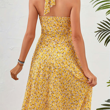 Summer Women's Dresses Sleeveless Hanging Neck Backless Deep V-neck Small Flower Printed Dresses