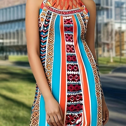 For Spring & Summer, Vintage Graphic Print Halter Dress, Women's Vacation Style Hollow Out Clothing