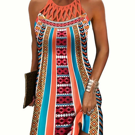 For Spring & Summer, Vintage Graphic Print Halter Dress, Women's Vacation Style Hollow Out Clothing