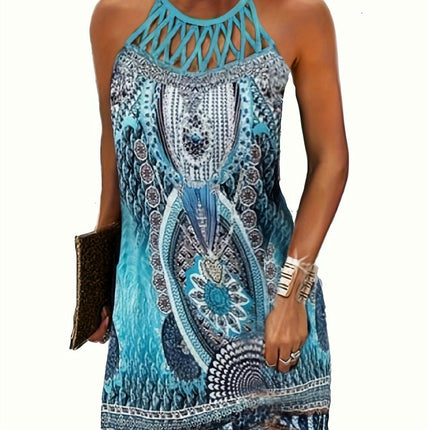 For Spring & Summer, Vintage Graphic Print Halter Dress, Women's Vacation Style Hollow Out Clothing