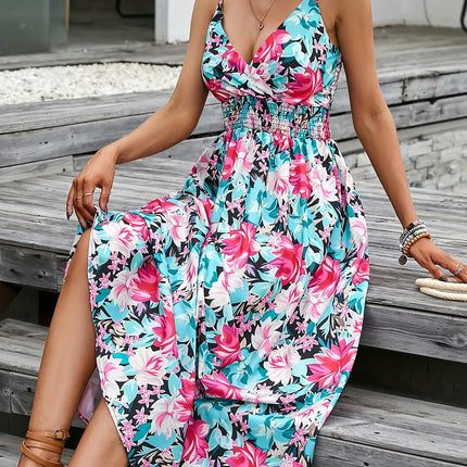 Summer Maxi Dress-Bohemian V-Neck Halter Neckline, Printed Long Flowy Dress for Outdoor Occasions