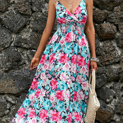 Summer Maxi Dress-Bohemian V-Neck Halter Neckline, Printed Long Flowy Dress for Outdoor Occasions