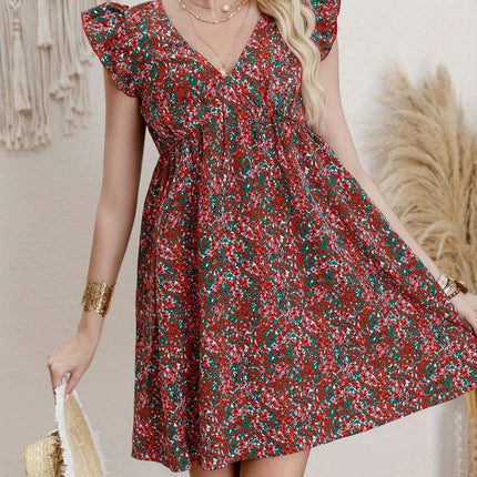 For Spring & Summer, Elegant Floral Print V Neck Loose Dress with Ruffle Sleeve, Women's Clothing