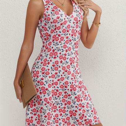 V-Neck Ditsy Floral Print Dress Sleeveless, Knee High Fit and Flare Silhouette Season Versatile