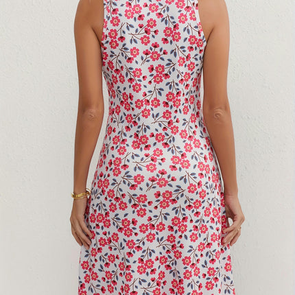 V-Neck Ditsy Floral Print Dress Sleeveless, Knee High Fit and Flare Silhouette Season Versatile