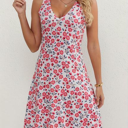 V-Neck Ditsy Floral Print Dress Sleeveless, Knee High Fit and Flare Silhouette Season Versatile