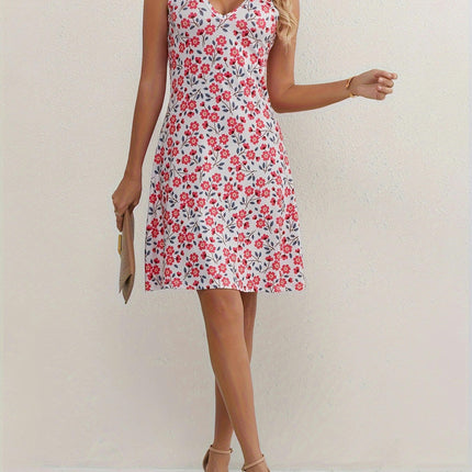 V-Neck Ditsy Floral Print Dress Sleeveless, Knee High Fit and Flare Silhouette Season Versatile