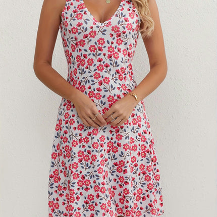 V-Neck Ditsy Floral Print Dress Sleeveless, Knee High Fit and Flare Silhouette Season Versatile