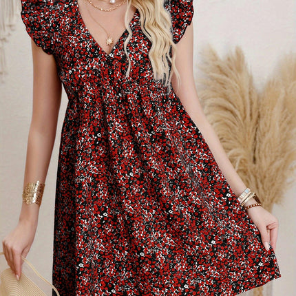 For Spring & Summer, Elegant Floral Print V Neck Loose Dress with Ruffle Sleeve, Women's Clothing