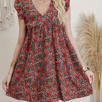 For Spring & Summer, Elegant Floral Print V Neck Loose Dress with Ruffle Sleeve, Women's Clothing