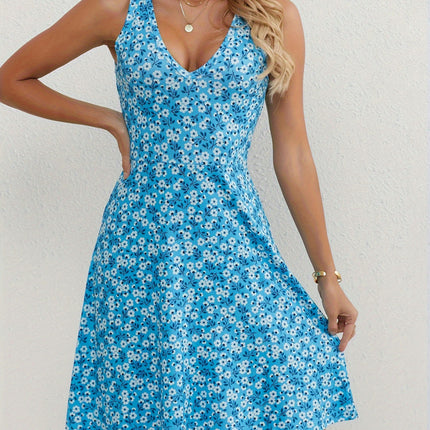 Floral Print V-Neck A-Line Dress-Sleeveless, Tank Style Perfect for Spring & Summer Women's Clothing