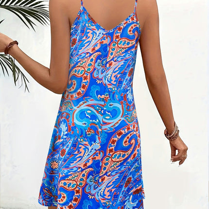 Vibrant Paisley Print V-Neck Cami Dress - Slim-Fit, Vacation-Ready, Spring & Summer Dress