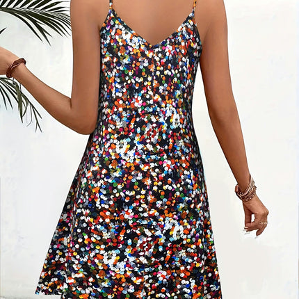 Casual Backless Allover Print V-neck Cami Dress, Sleeveless Spaghetti Strap Women's Clothing