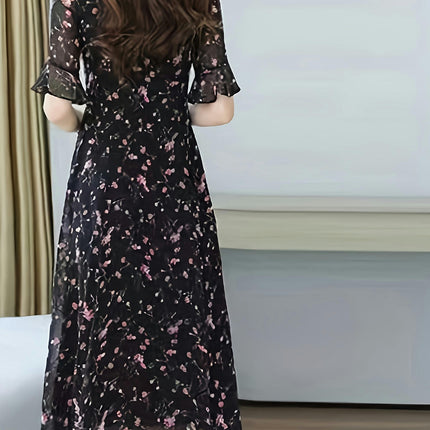 Floral Print Tie Neck Dress,Short Sleeve A-line Flowy Dress For Spring & Summer, Women's Clothing