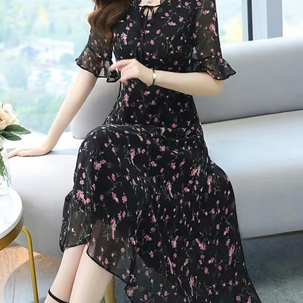 Floral Print Tie Neck Dress,Short Sleeve A-line Flowy Dress For Spring & Summer, Women's Clothing