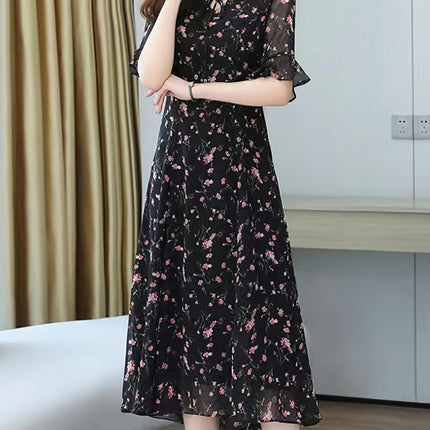 Floral Print Tie Neck Dress,Short Sleeve A-line Flowy Dress For Spring & Summer, Women's Clothing