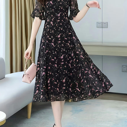 Floral Print Tie Neck Dress,Short Sleeve A-line Flowy Dress For Spring & Summer, Women's Clothing